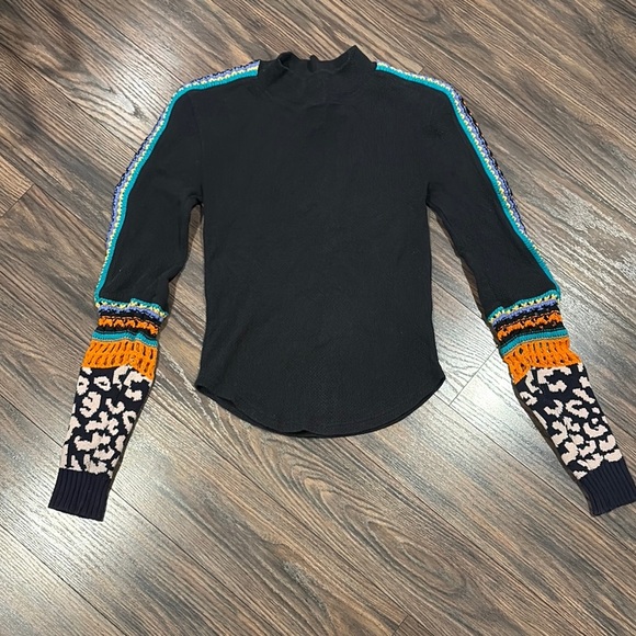 Free People Tops - Free People Black Top with Colorful Patterned Sleeves